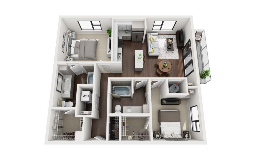B1B - 2 bedroom floorplan layout with 2 baths and 1058 square feet.